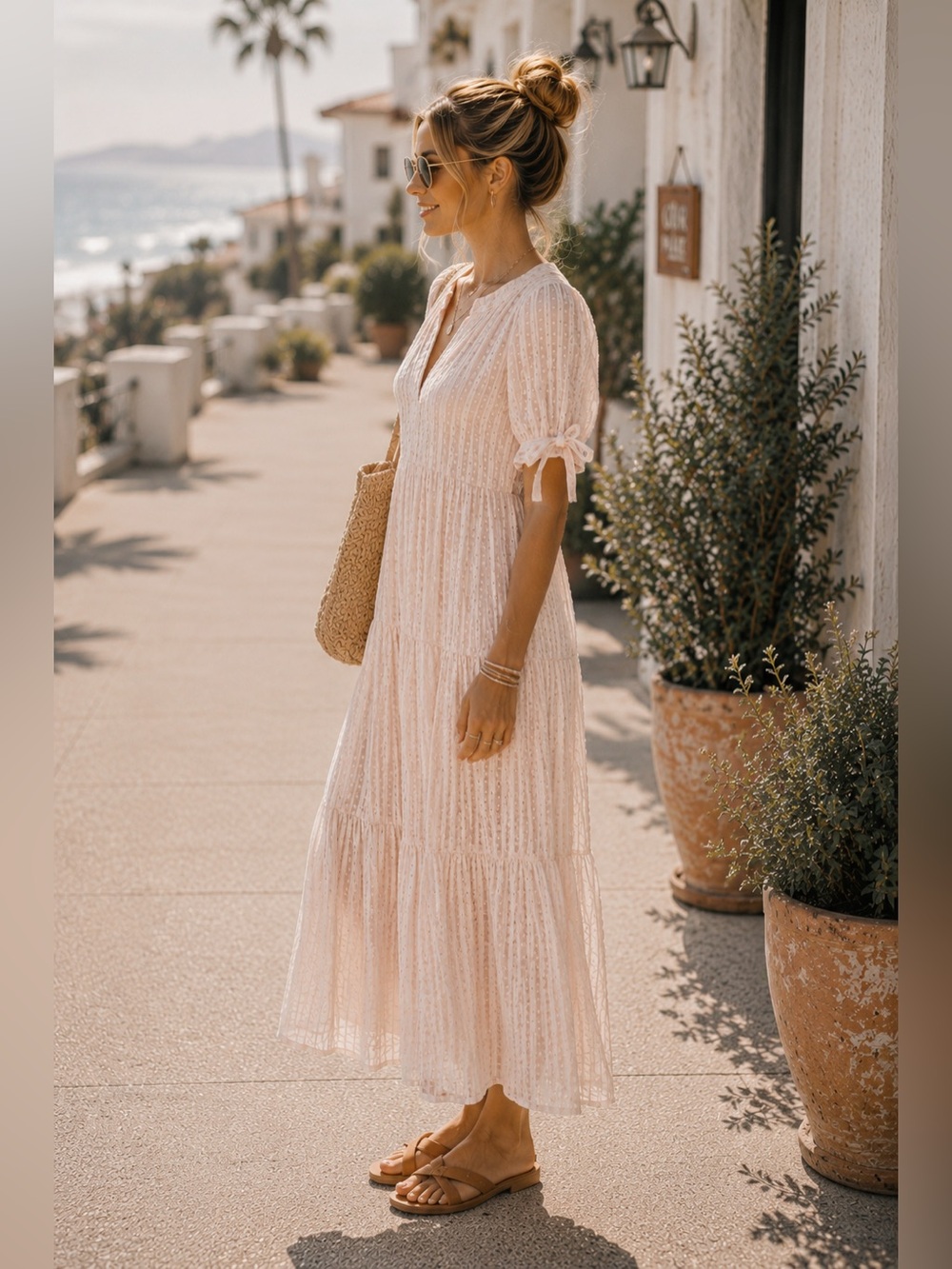 Pale Pink Swiss Dot Maxi Dress Tie Sleeve Detail Empire Waist V-neck Size Small - Picture 13 of 14